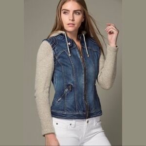 Hooded Knit Sleeve Denim Jacket/Vest